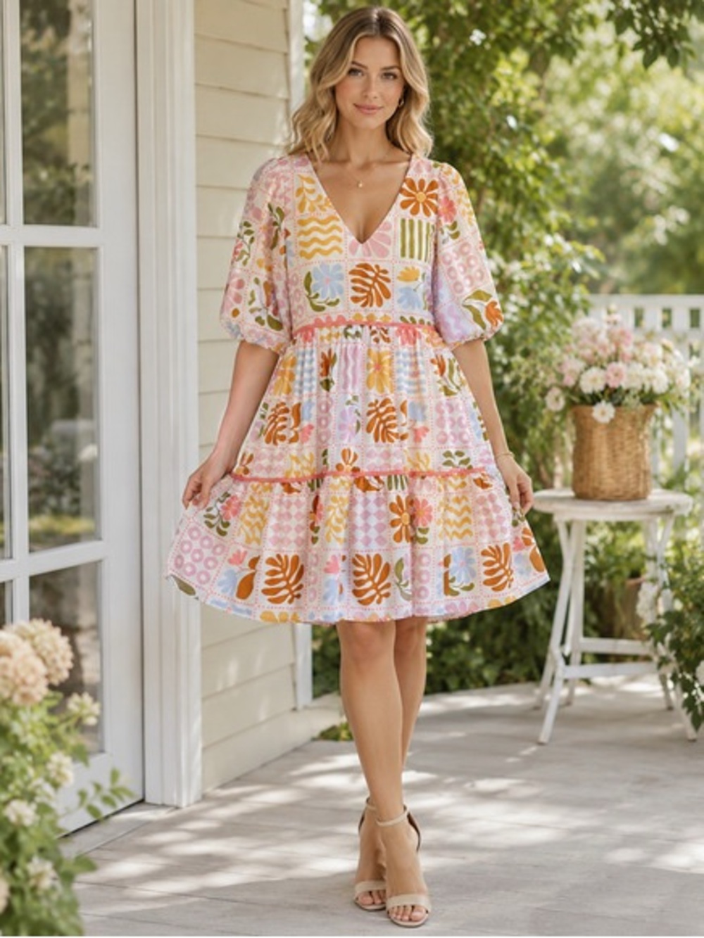 Pink Lily Pastel Pink Floral Tiered V-Neck Dress